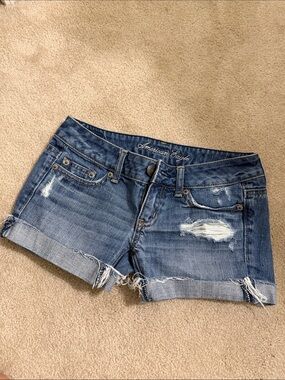American Eagle Outfitters Distressed Blue Rolled-Hem Jean Shorts